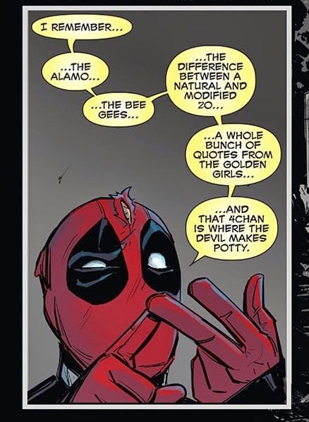 Example of Extended Speech Bubble with bridge. Source: "Deadpool telling it like it is" -  imgur.com 